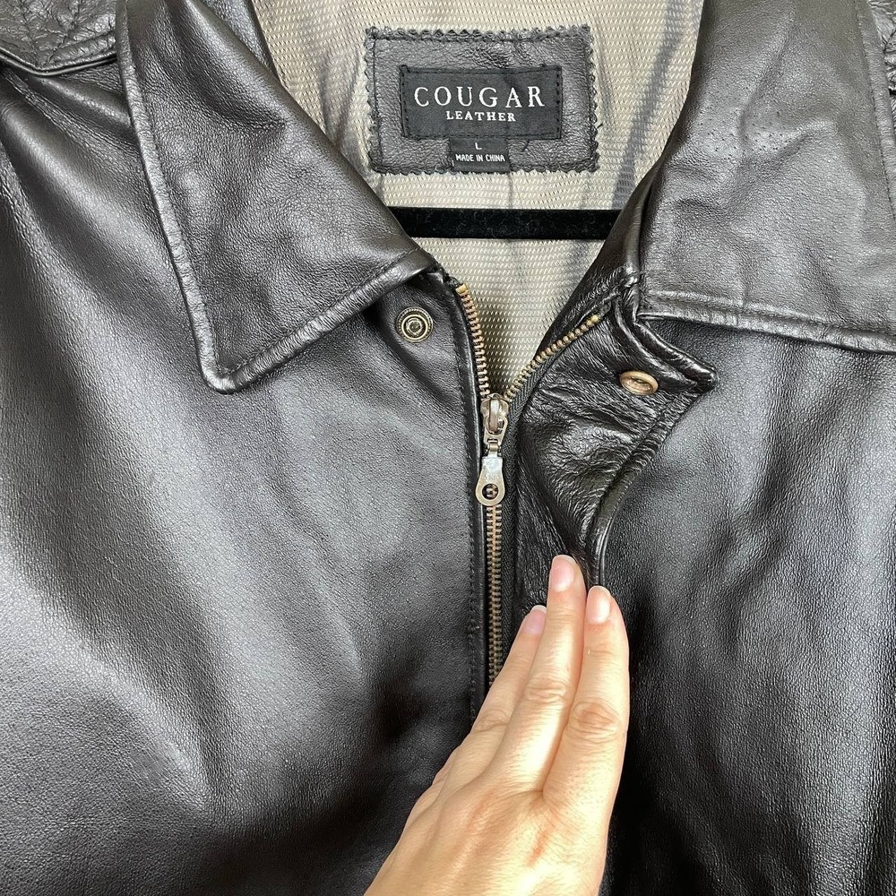 Men's Black Leather Bomber Flight Aviator Jacket Large - Picture 9 of 10
